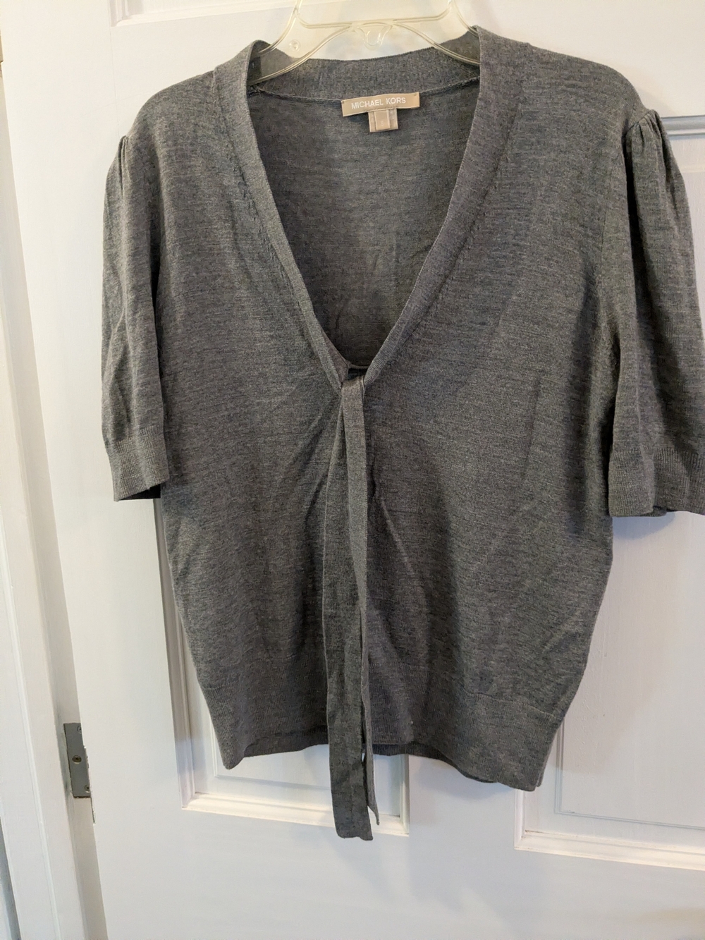 Michael Kors Gray V-Neck Short-Sleeve Tie-Front Sweater